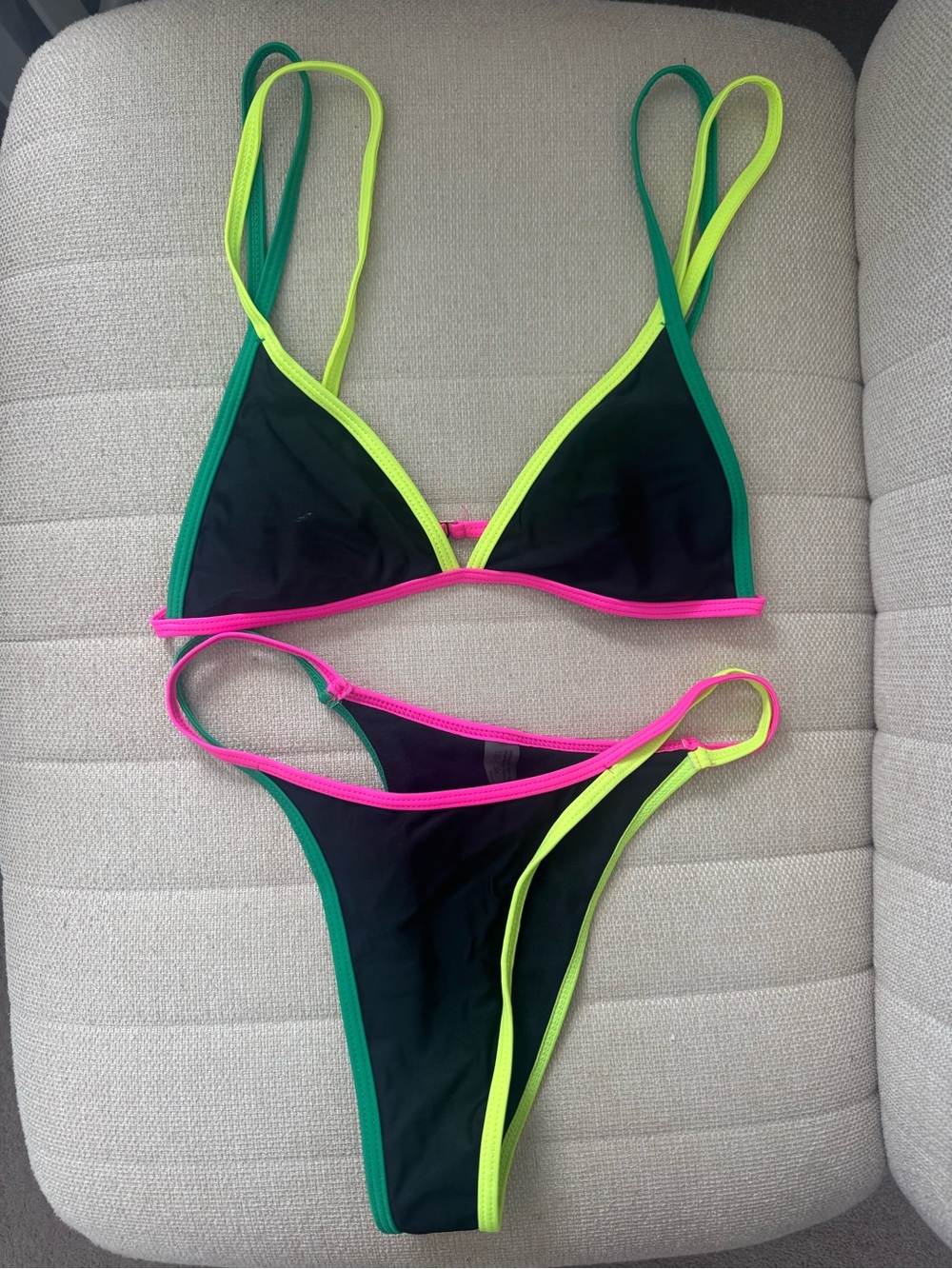Neon Trim Black Bikini Set - Black with Green, Yellow, Pink Accents